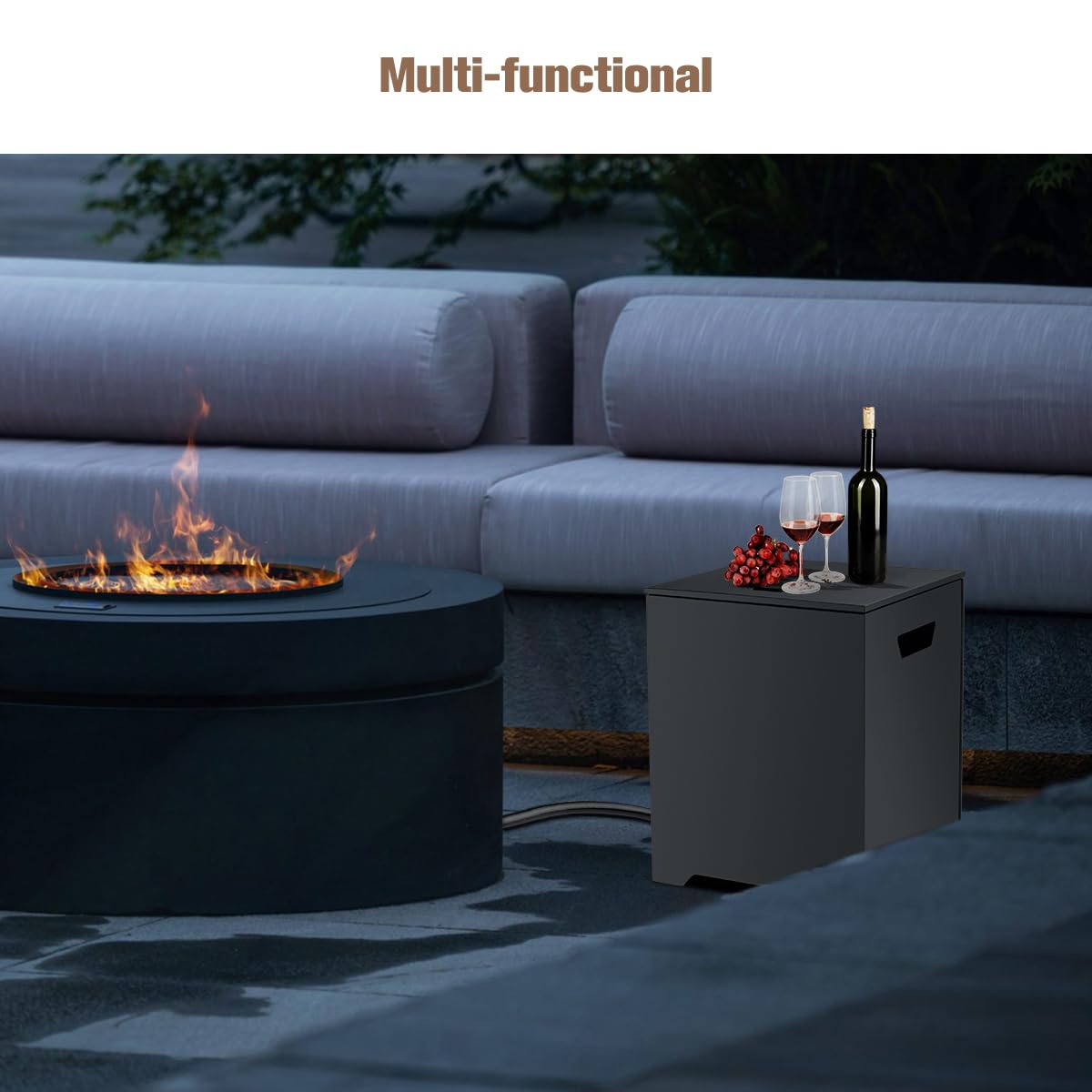 thermomate in use by fire pit hides tank and provides serving surface