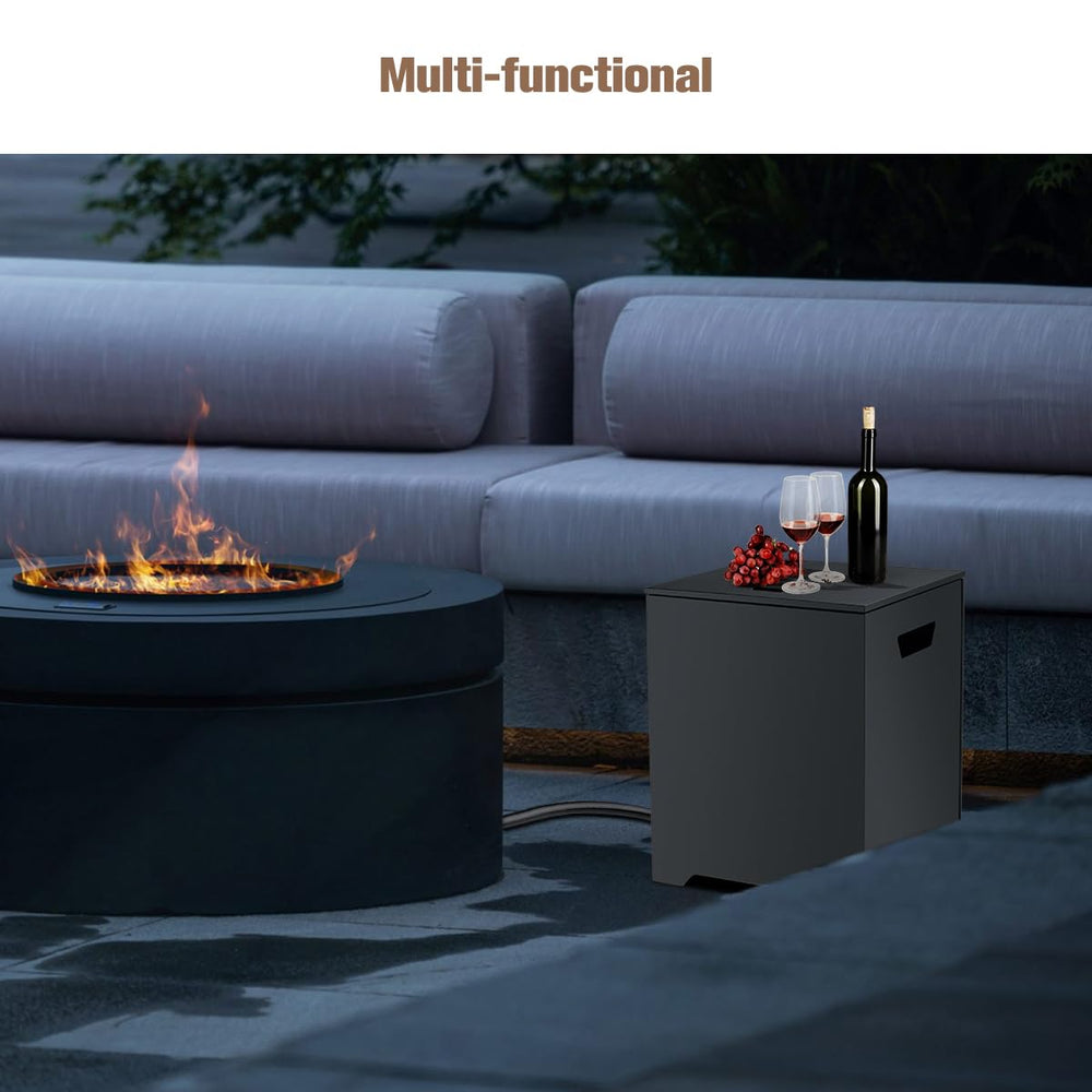 thermomate in use by fire pit hides tank and provides serving surface
