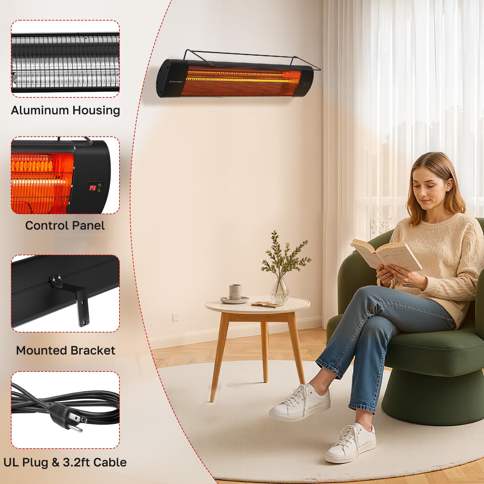 thermomate next to chair illustrating size and coverage for seating area