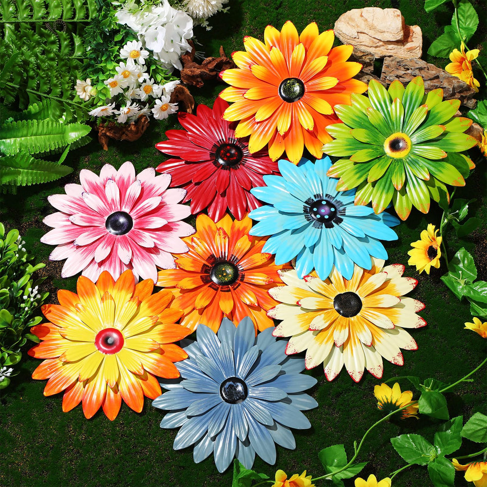 Therwen metal flowers displayed on a garden fence adding lively color