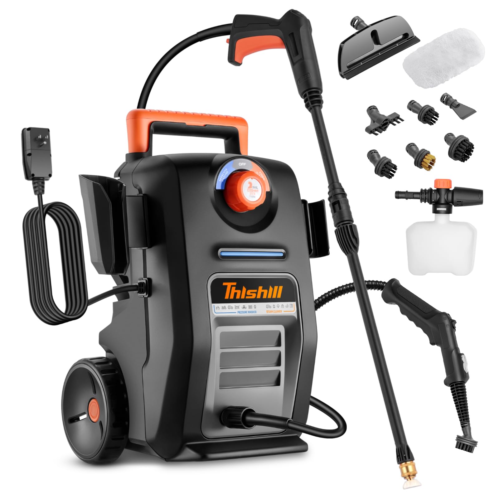 This Hill front view of machine showing compact combo design and quick-start benefit