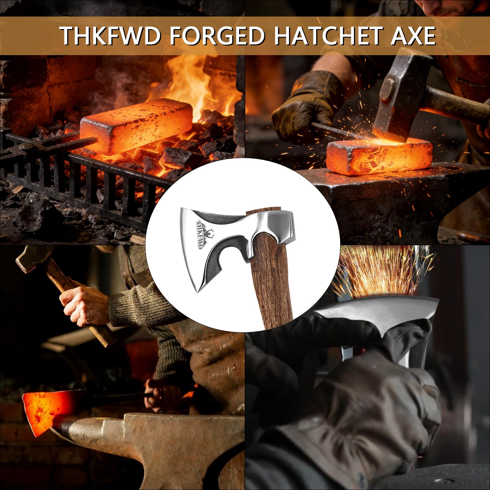 THKFWD hatchet leaning by a campfire to show practical outdoor use and convenient transport
