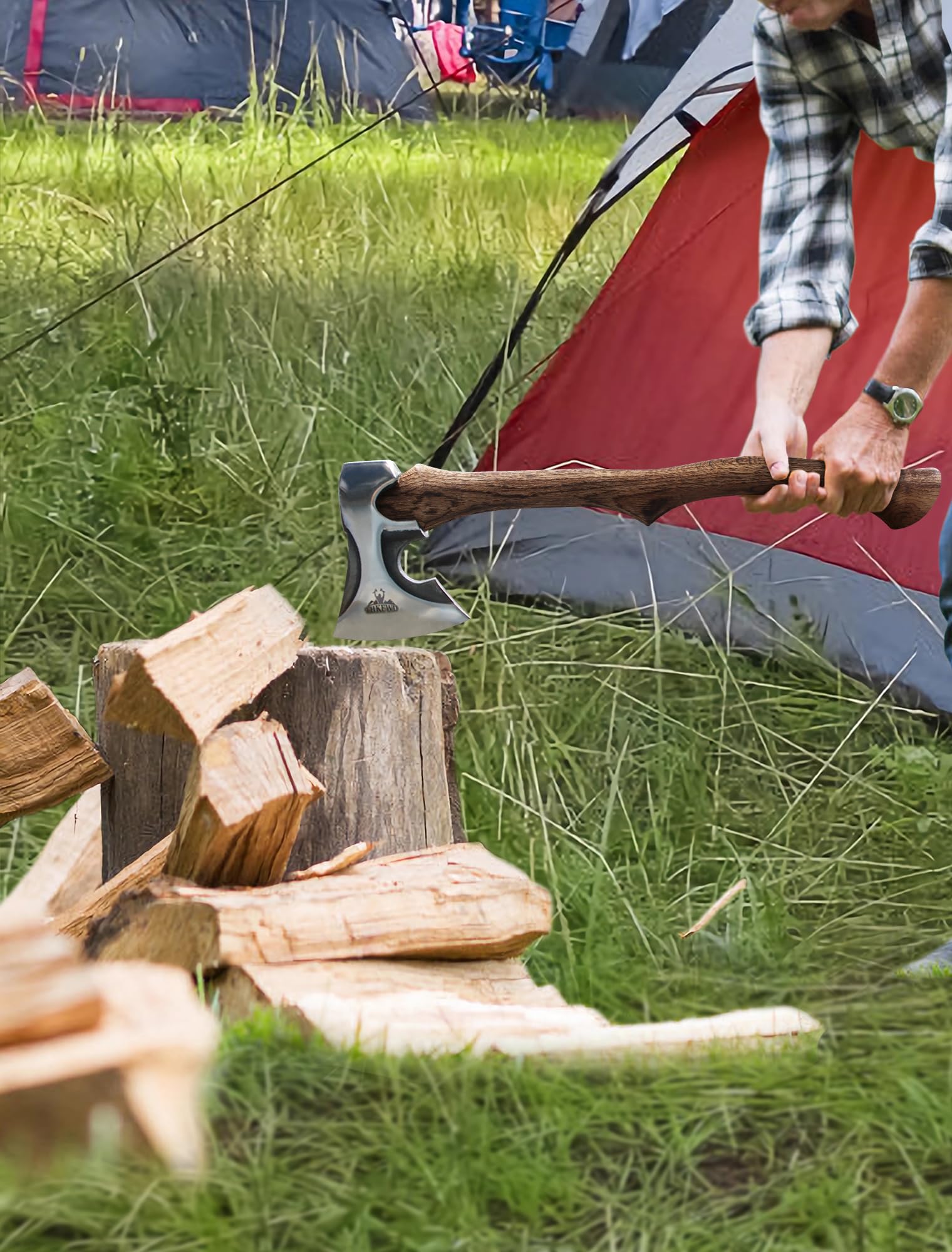 THKFWD hatchet at campsite illustrating practical outdoor utility