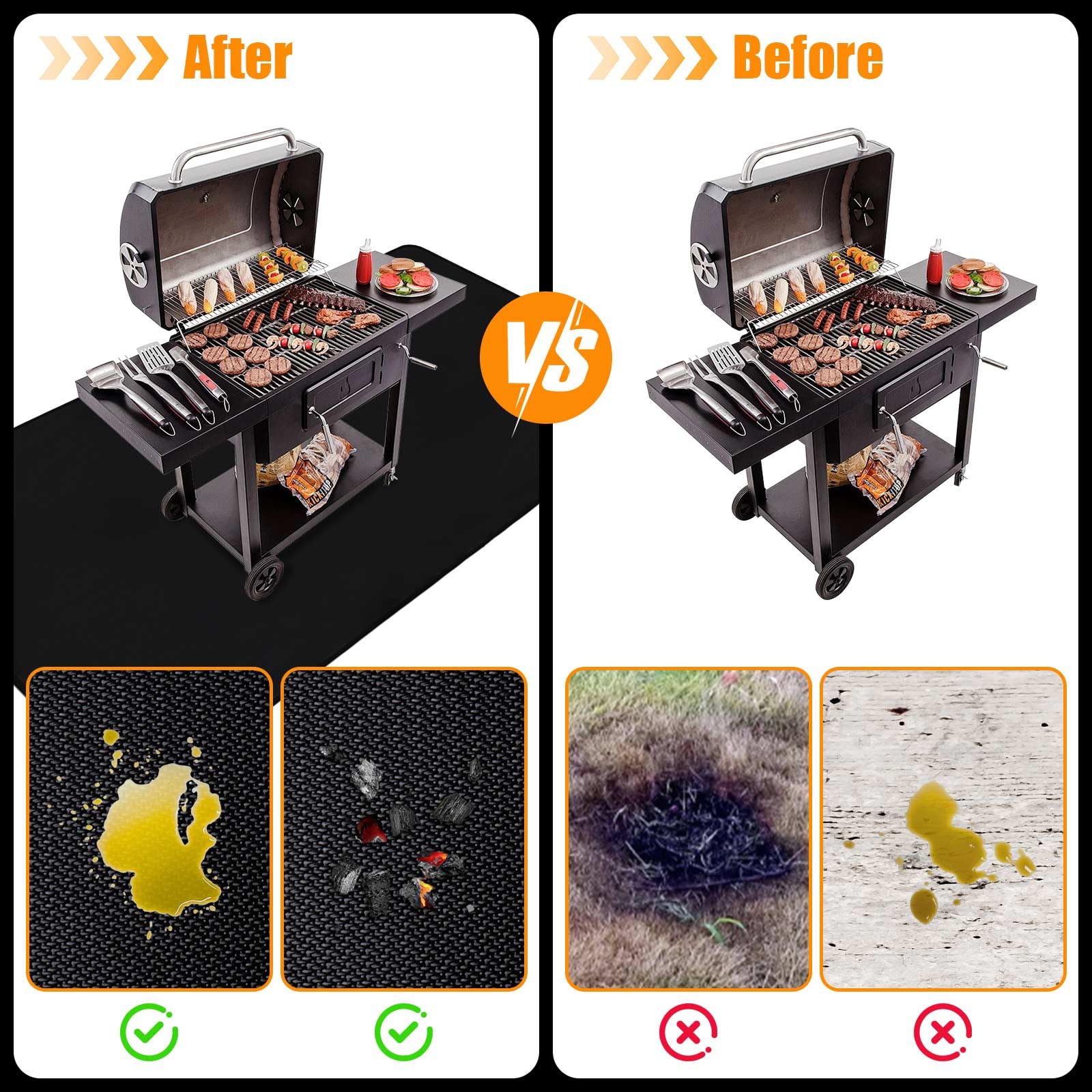 THMINS mat in use under a charcoal grill protecting deck from embers