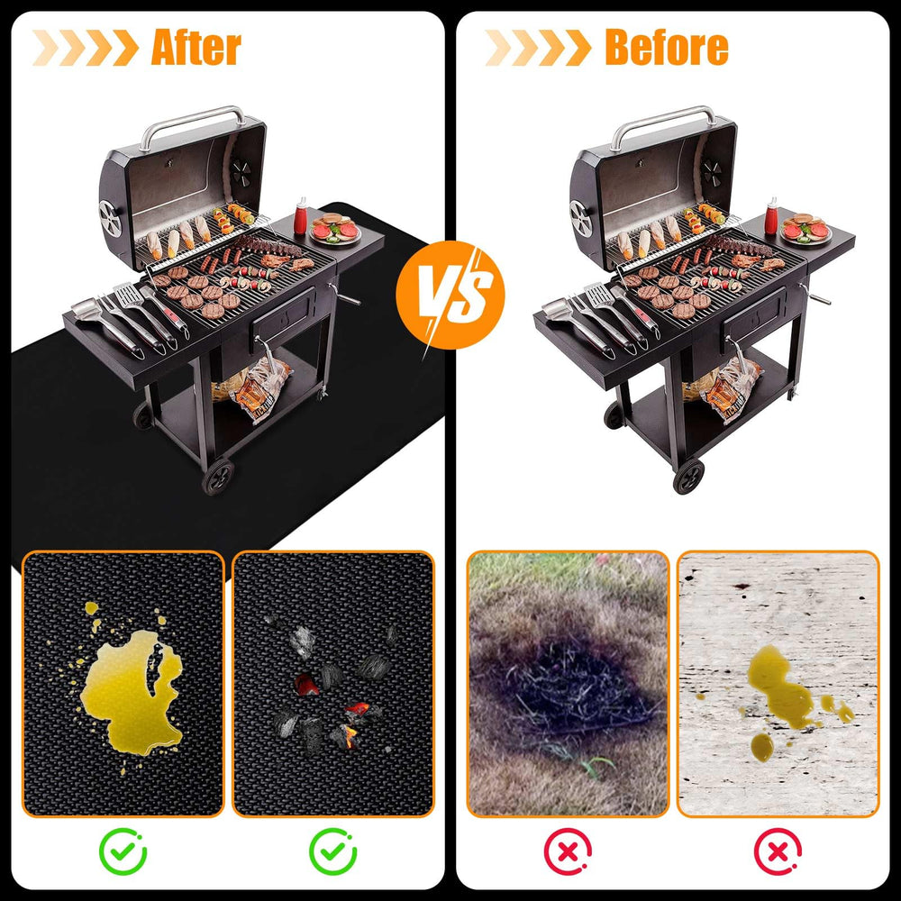 THMINS mat in use under a charcoal grill protecting deck from embers