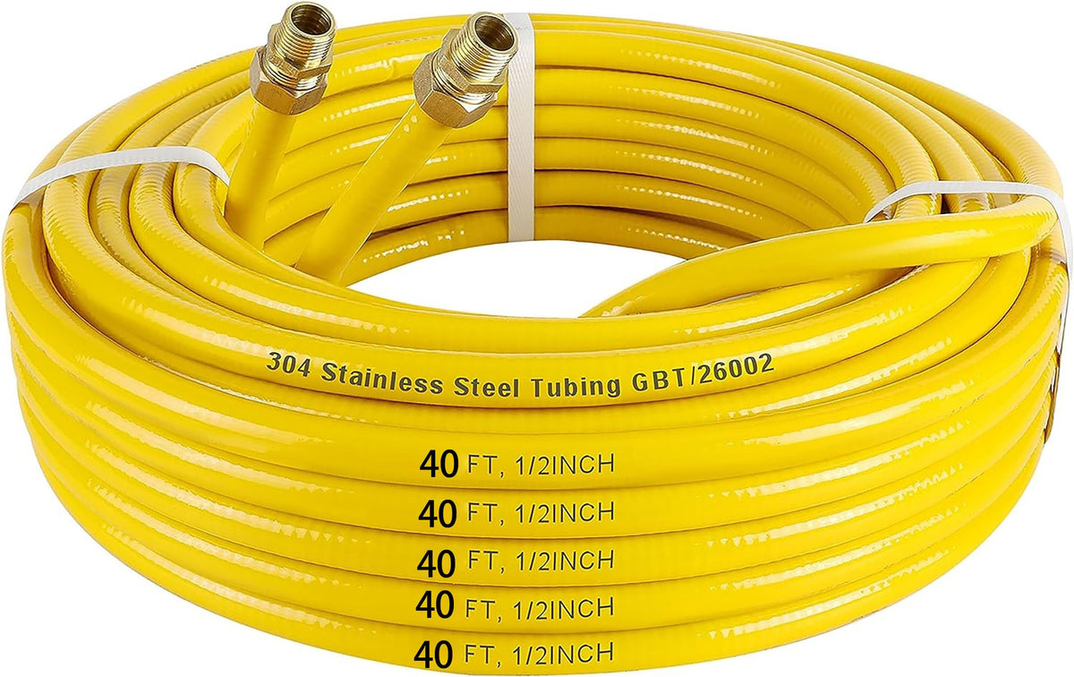 Thmxit 40ft CSST roll showing tubing and adapters for durable gas supply