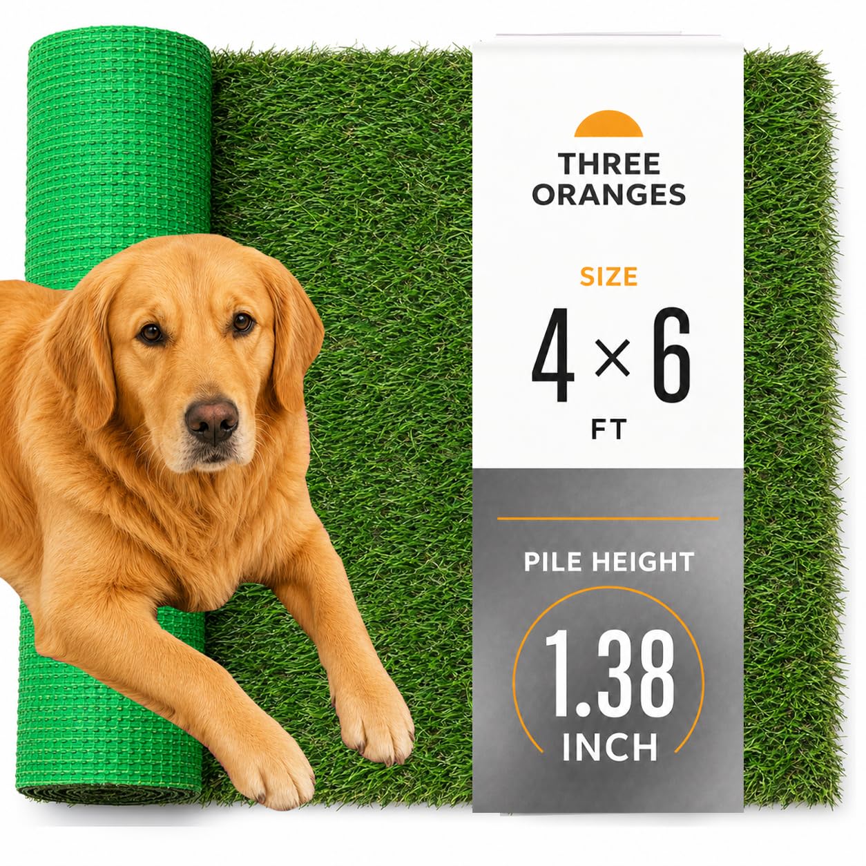 THREE ORANGES front view of 4x6 turf mat showing full coverage and natural look benefits
