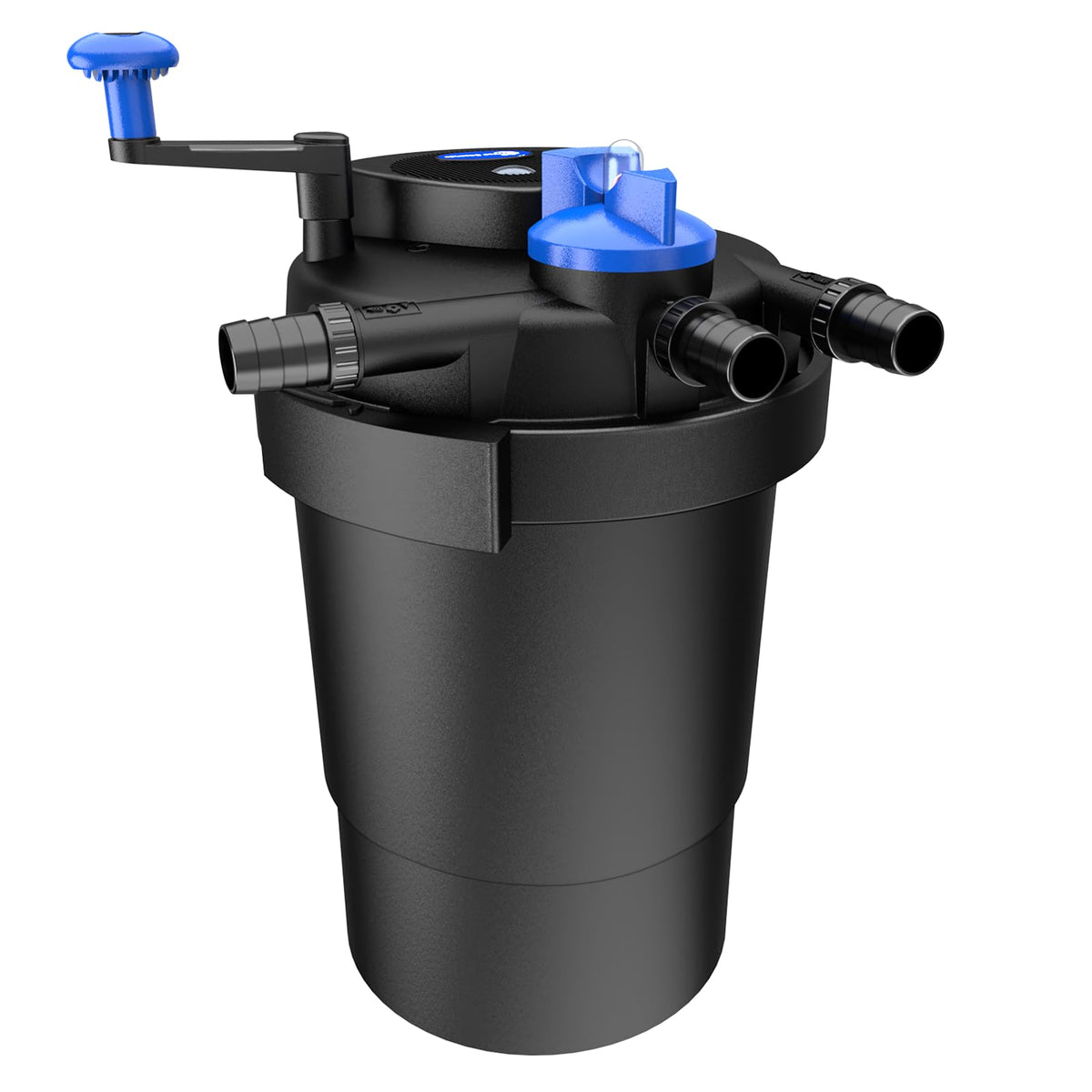 Three Seconds front view of pressure pond filter showing compact design and outlet