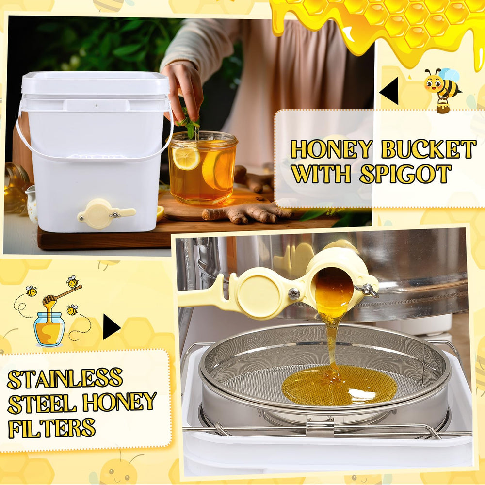 Threehoney bucket in use draining honey into jar for tidy transfer