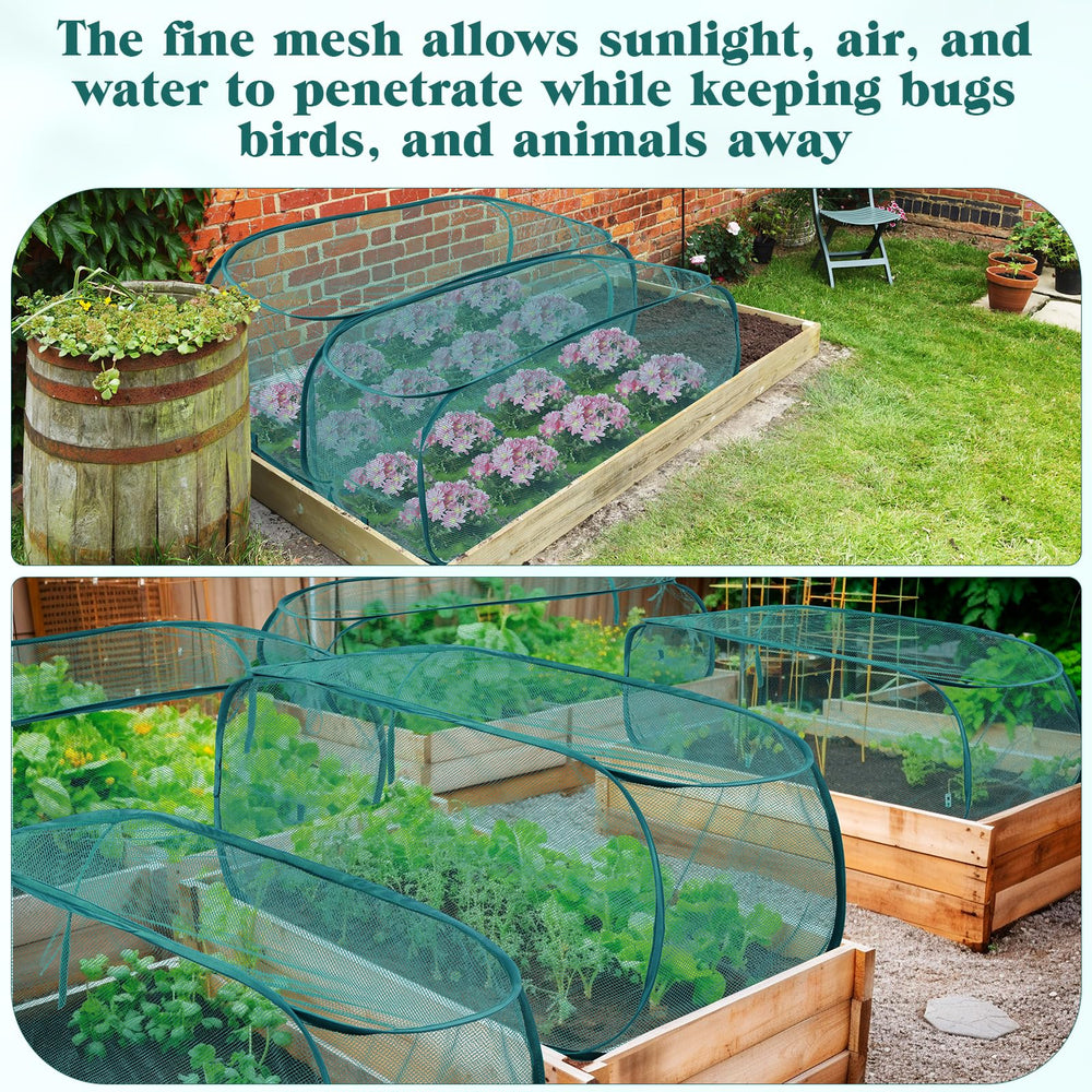 Threehoney cover placed over vegetable row, benefit: protects crops from birds