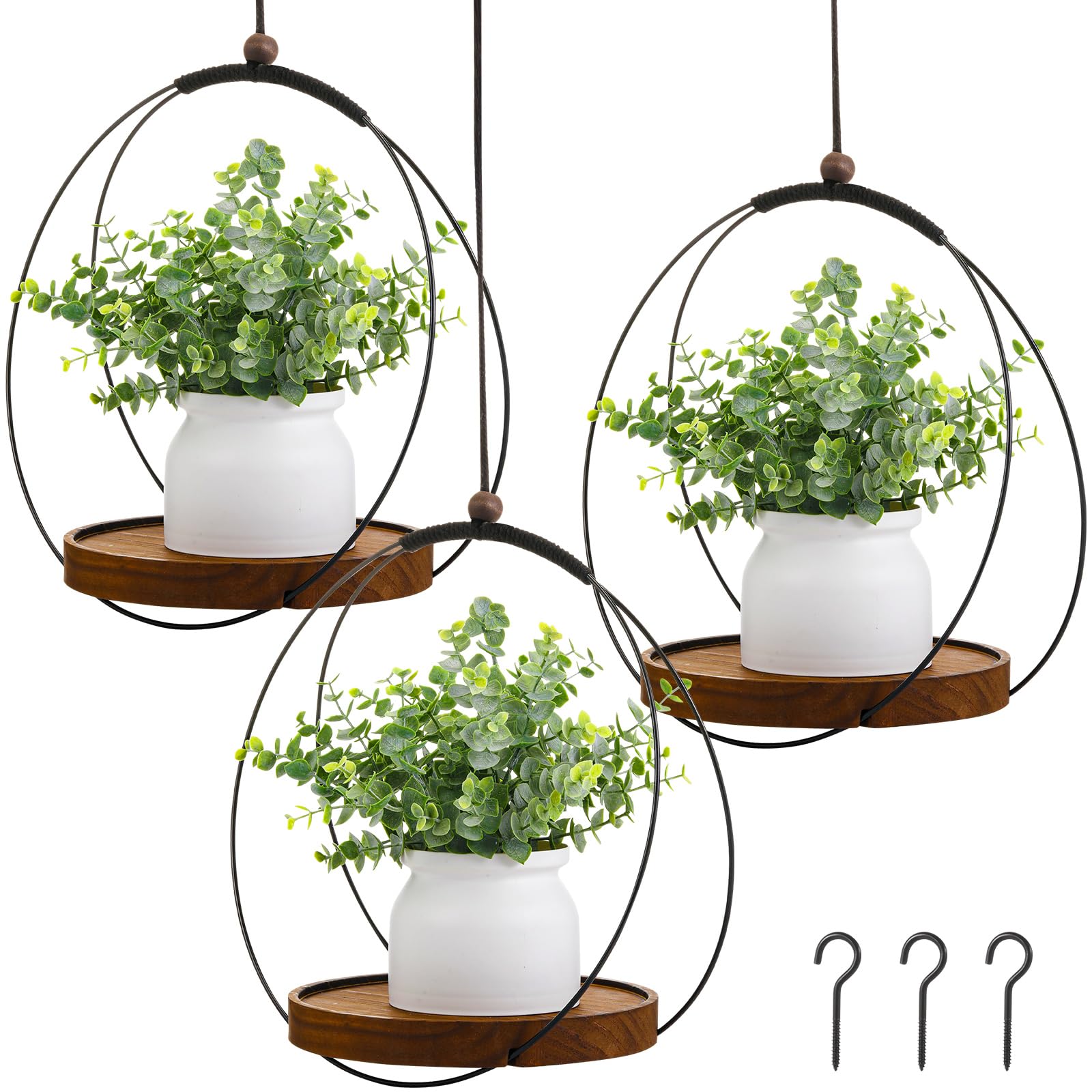 Threehoney front view of three black hanging planters showing boho display benefit