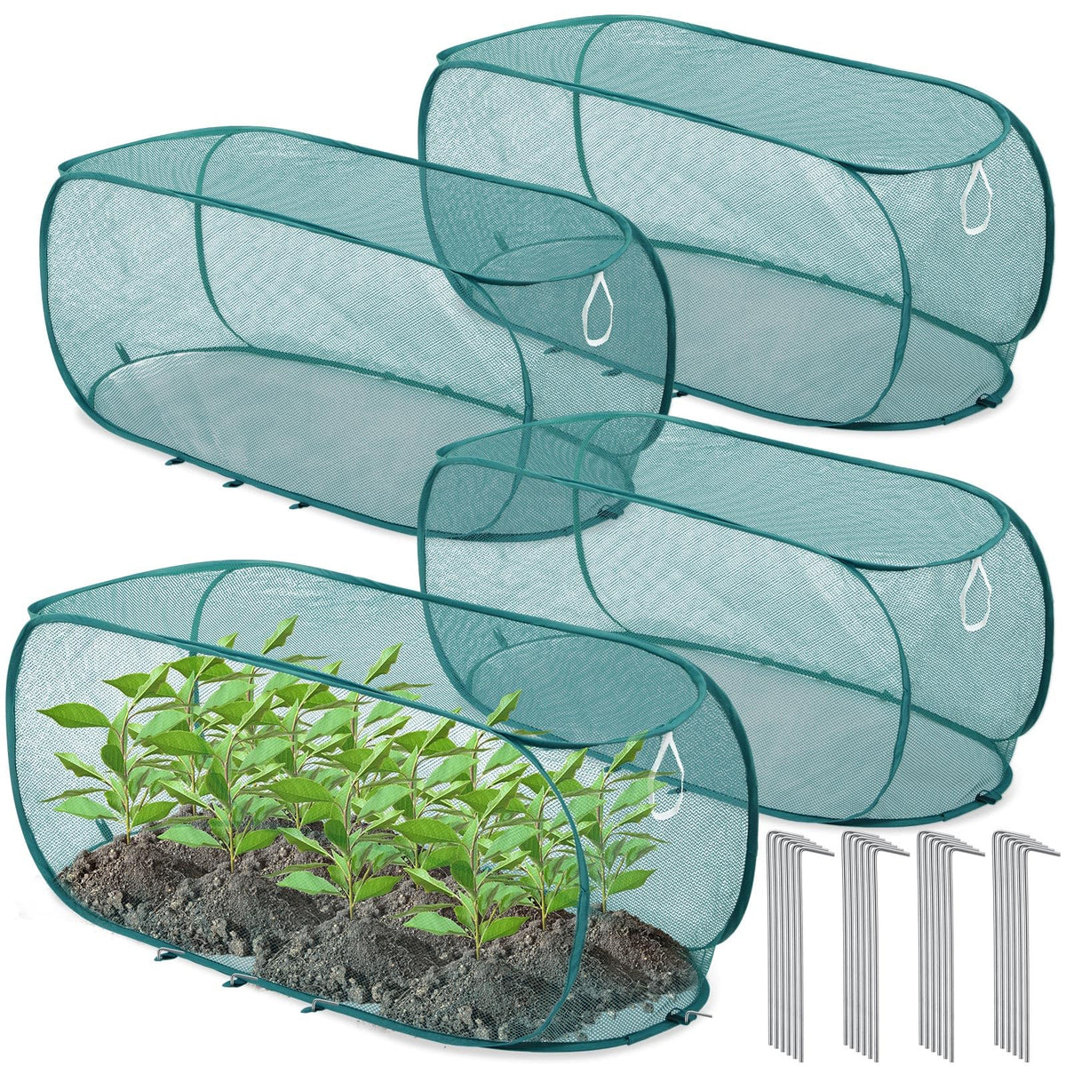 Threehoney front view pop-up cover protecting seedlings, visible benefit: keeps pests away