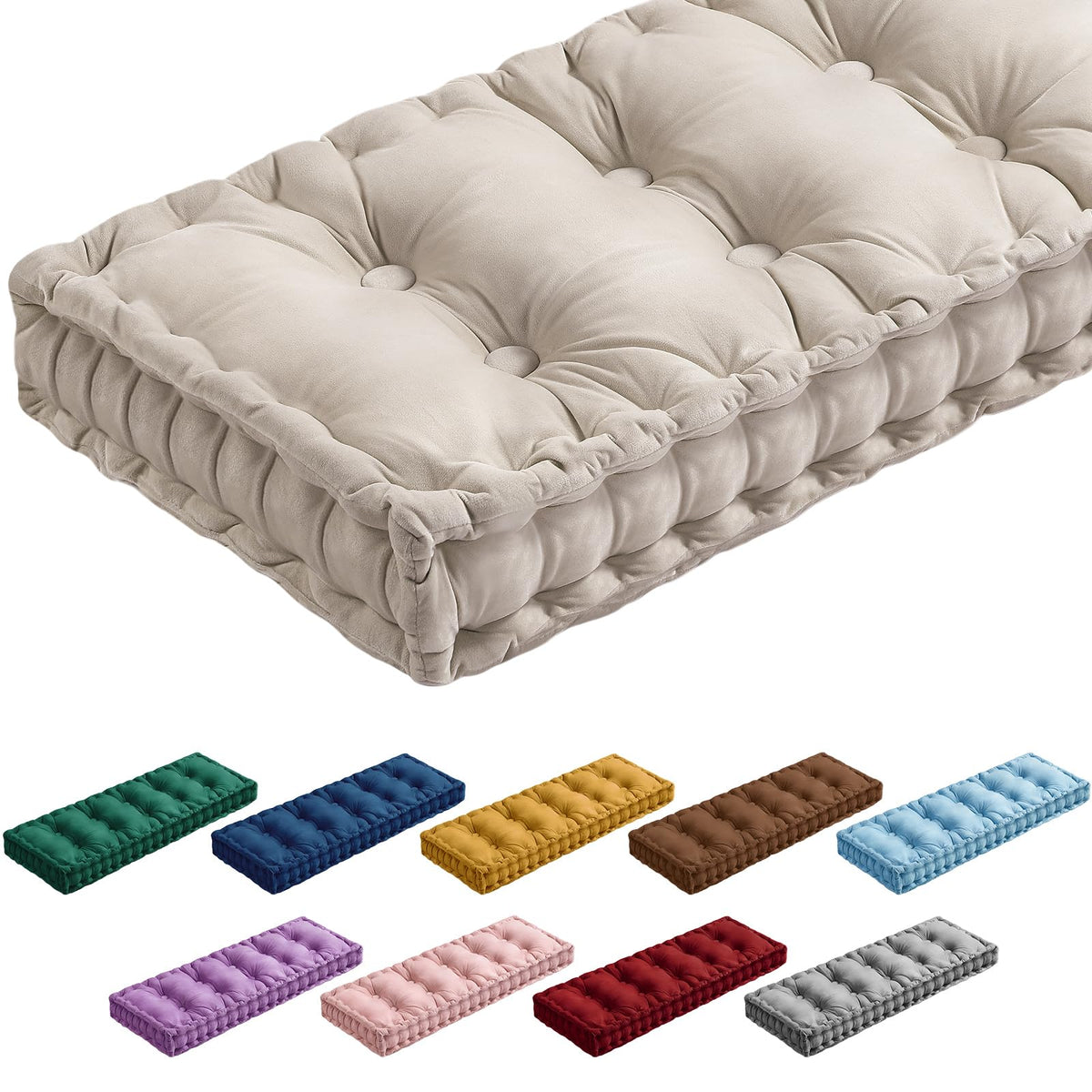 Threehoney ivory velvet bench cushion front view showing tufted elegance and soft comfort