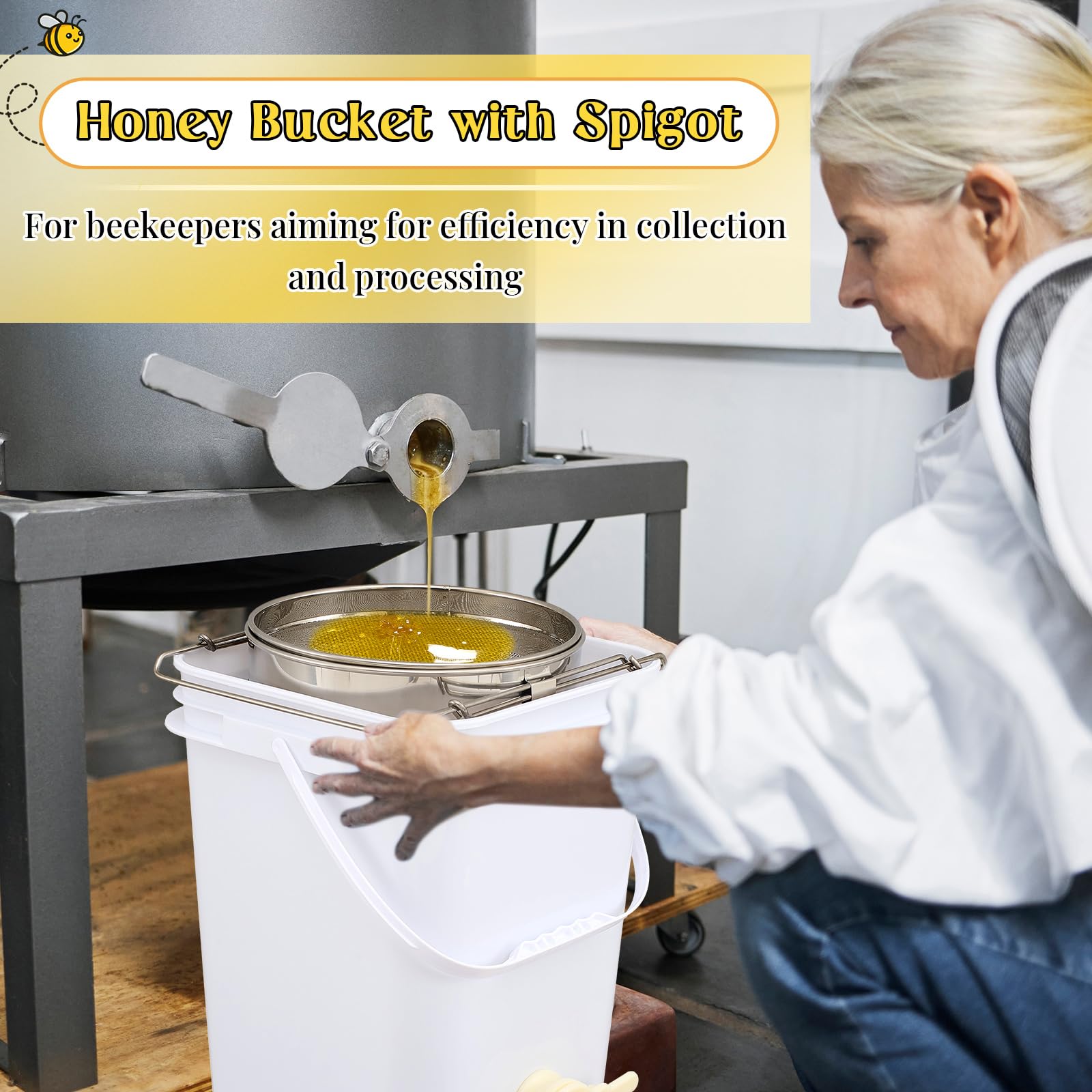 Threehoney filled bucket beside ruler showing 20L capacity advantage