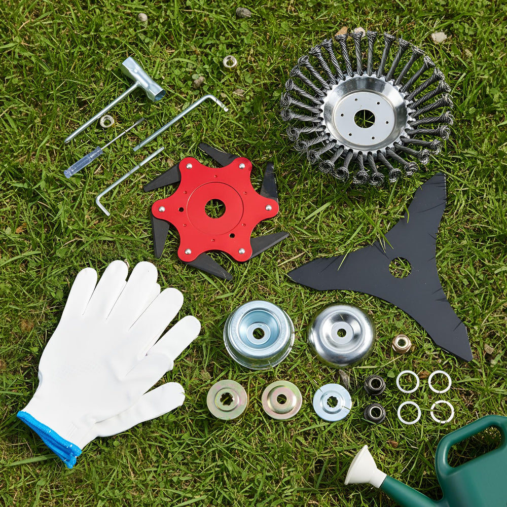Threlaco blades installed on a trimmer cutting thick weeds for efficient clearing