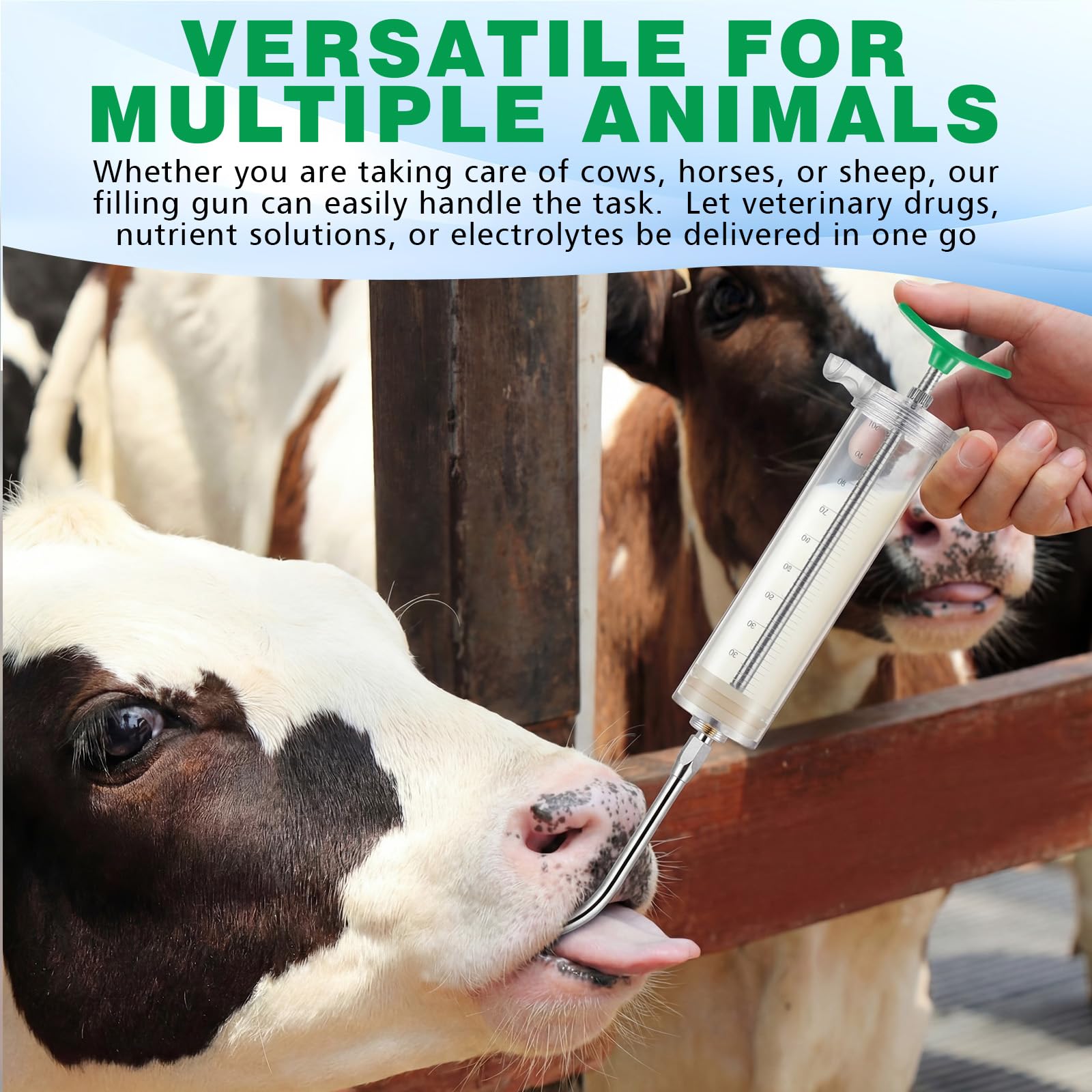 Threlaco drench gun beside a cattle leg showing 100ml size