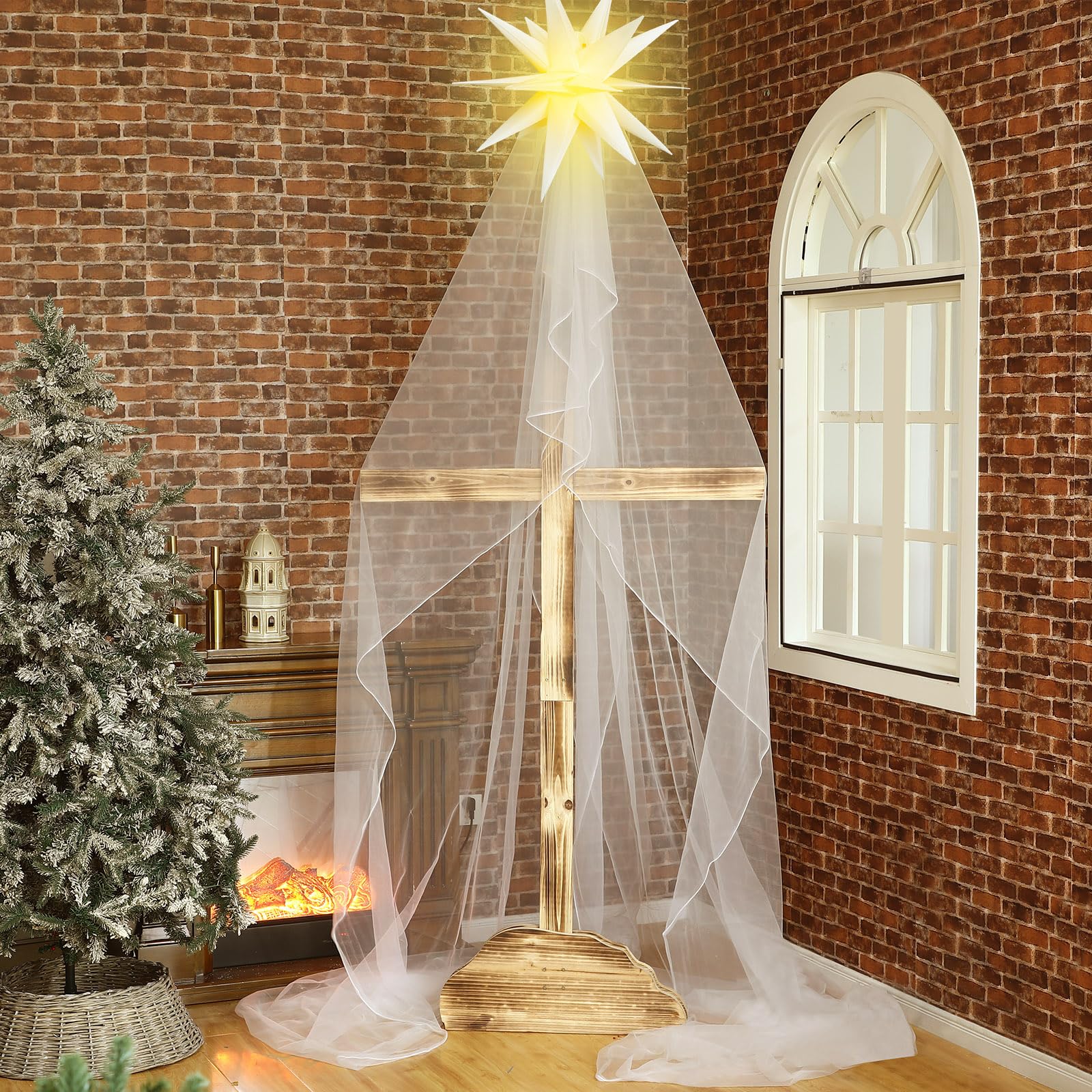 Threlaco assembled nativity scene front view showing warm welcoming glow