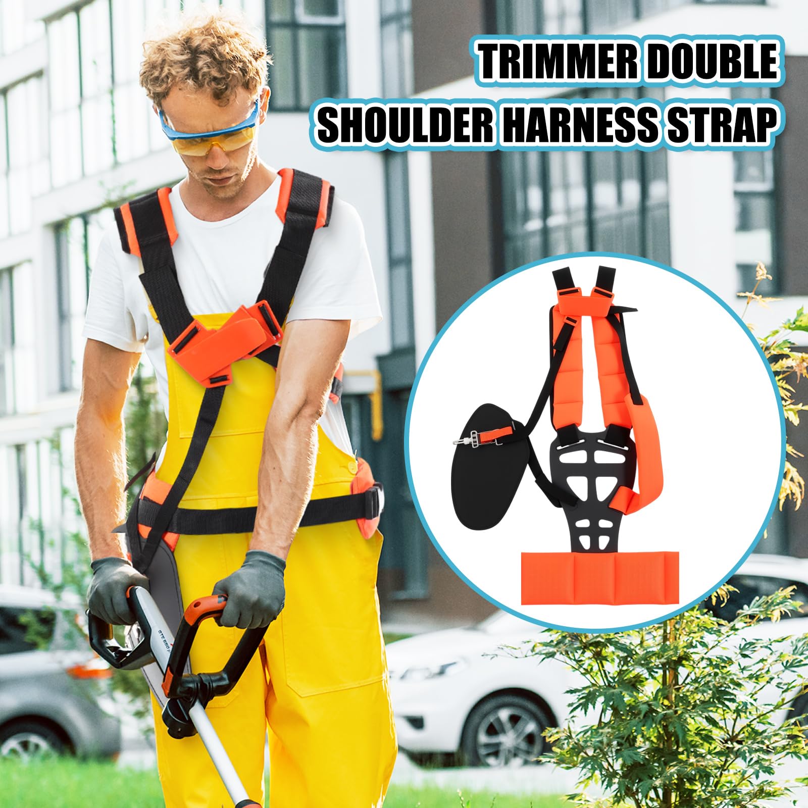 Threlaco strap attached to trimmer in use demonstrating stability and hands-free control