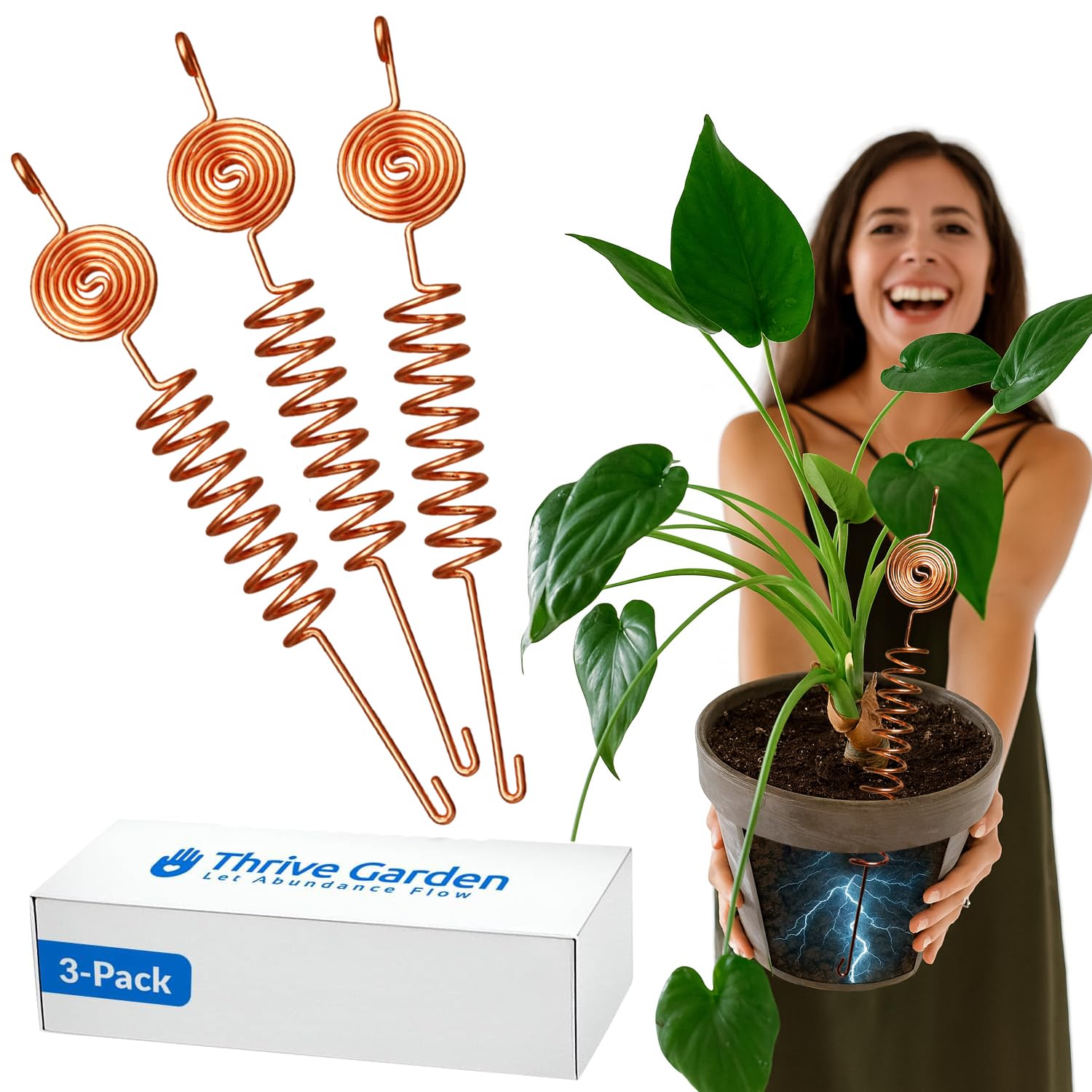 Thrive Garden packaging view showing three copper antenna stakes and benefit durability