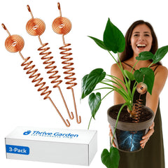 Thrive Garden packaging view showing three copper antenna stakes and benefit durability