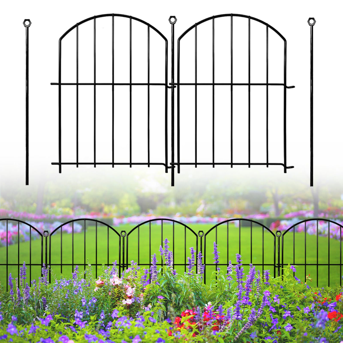 Thrivinest front view showing 26 decorative arched fence panels and stakes for neat edging
