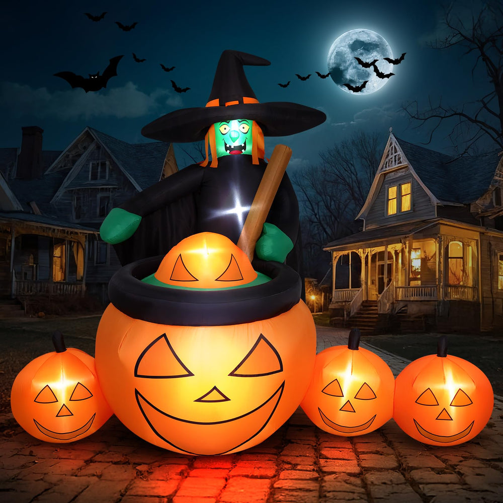 Thuodo front view of witch pumpkin pot showing tall festive yard centerpiece