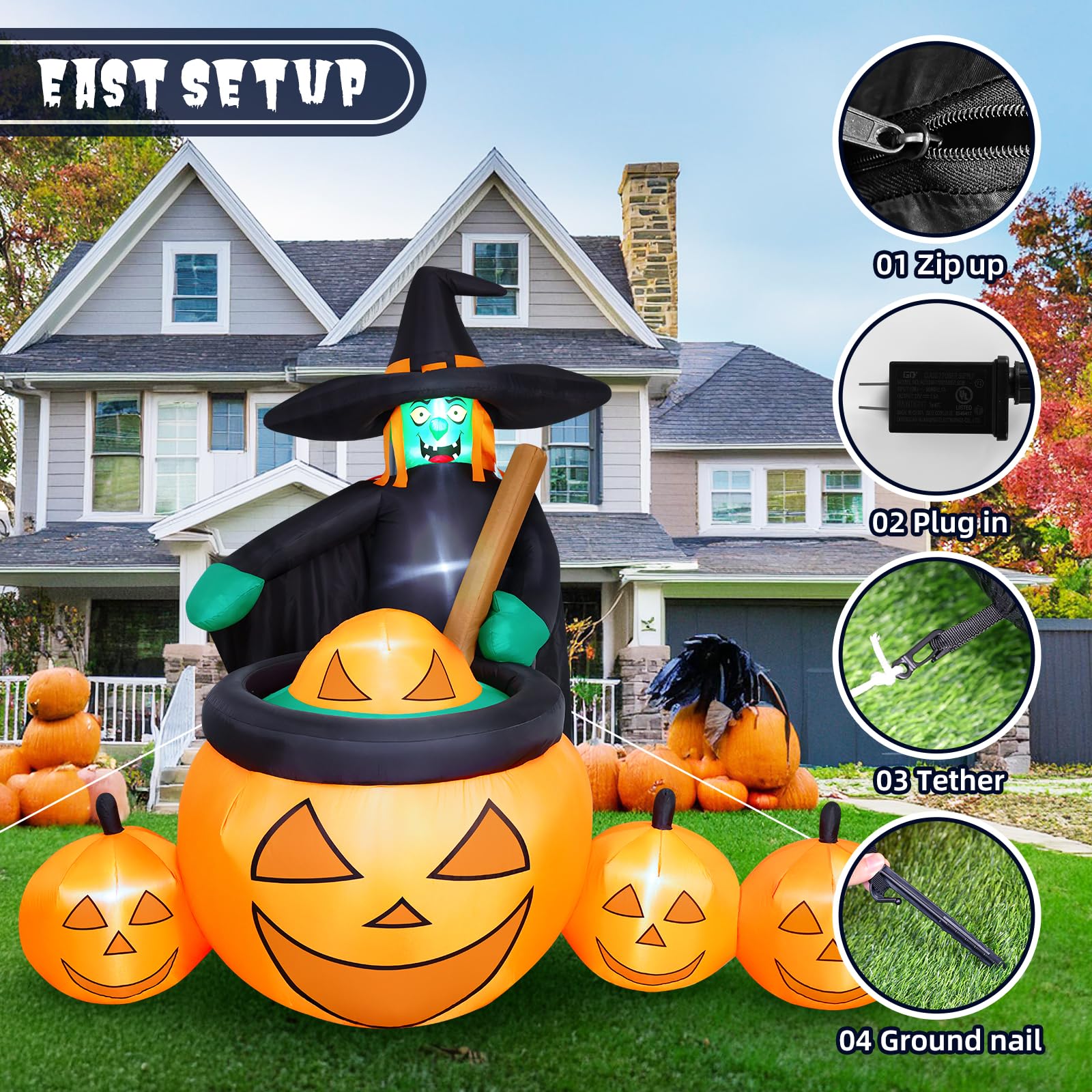 Thuodo nighttime yard display with LEDs enhancing curbside Halloween appeal