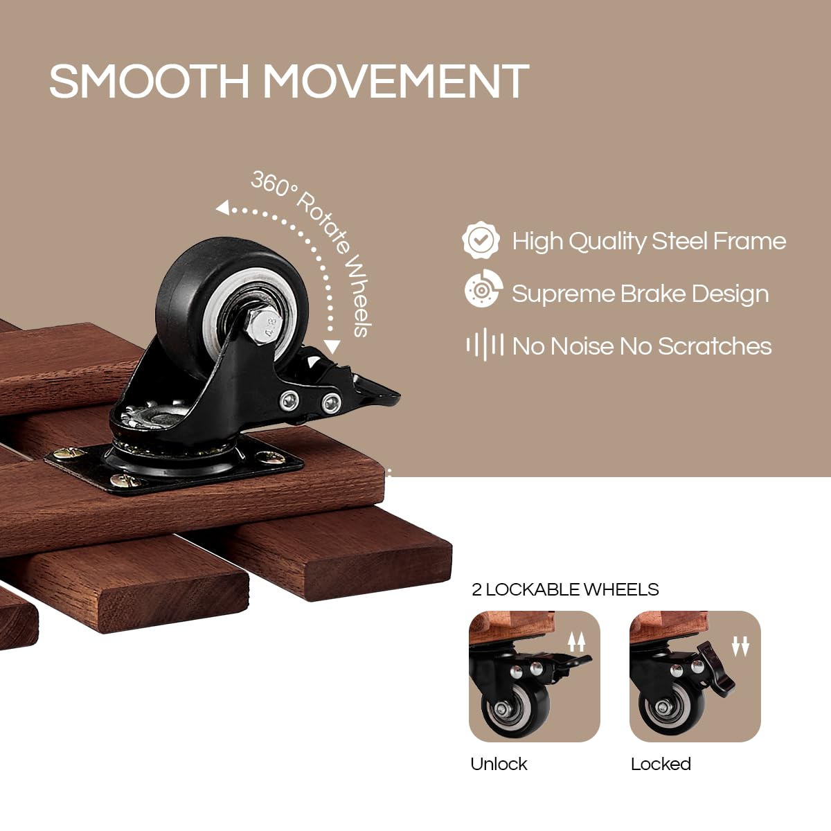 THYOI caster detail showing lockable 360-degree wheel and floor-protecting design