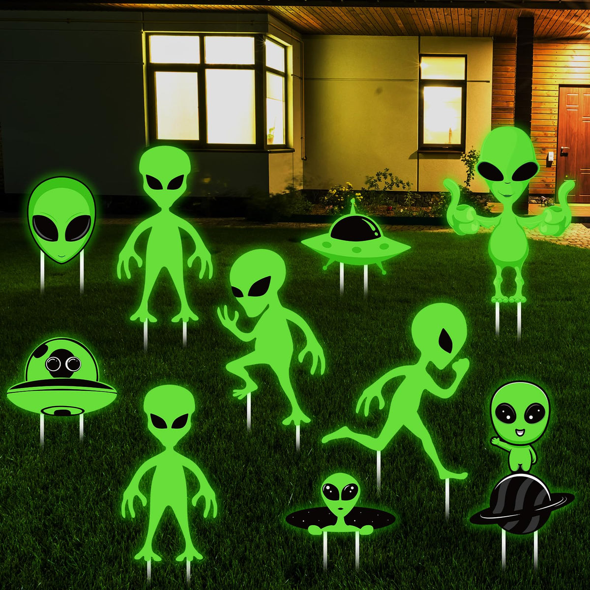 Thyle front view of alien yard signs showing shape and color for easy curb appeal