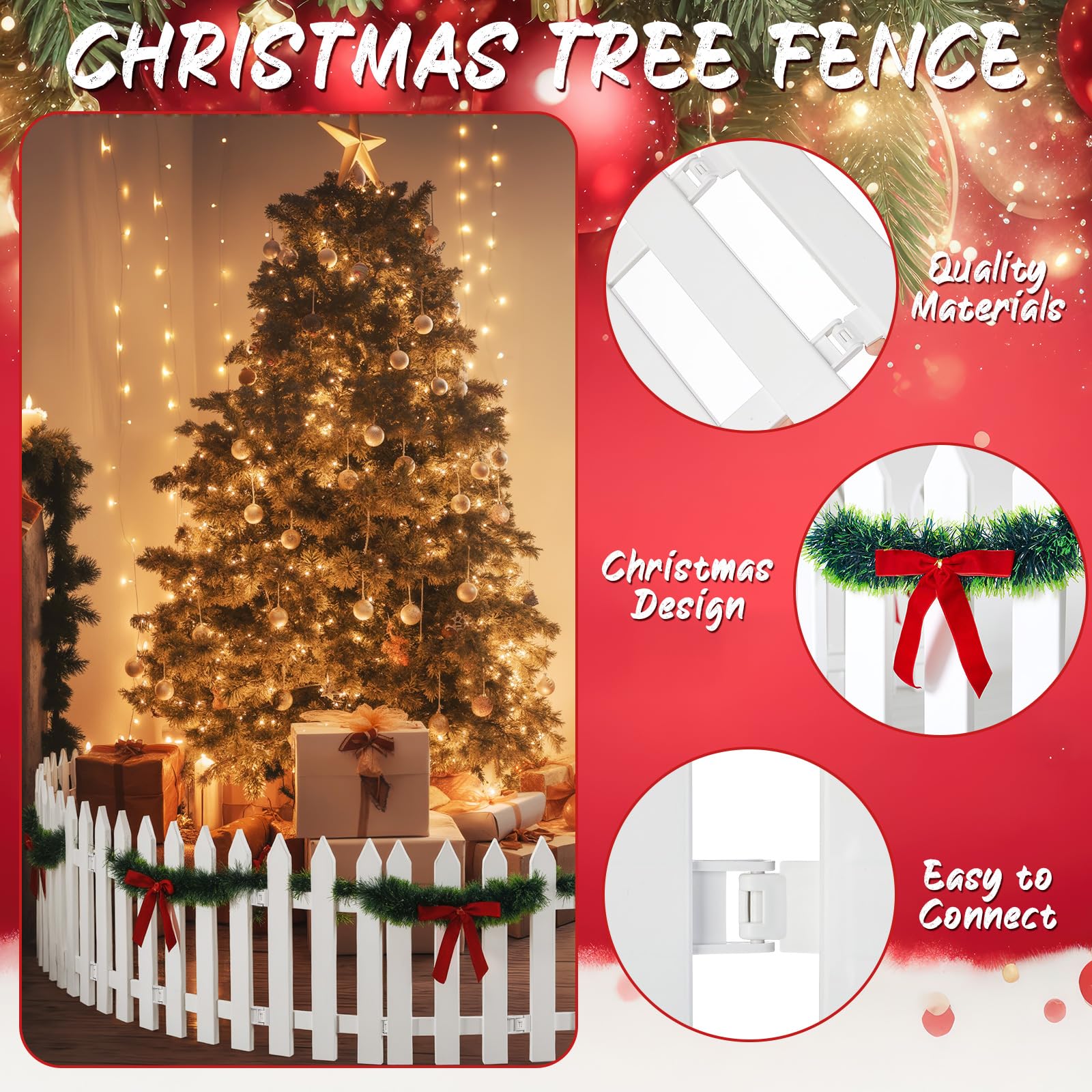 Thyle assembled fence around a Christmas tree illustrating pet-safe decorative barrier