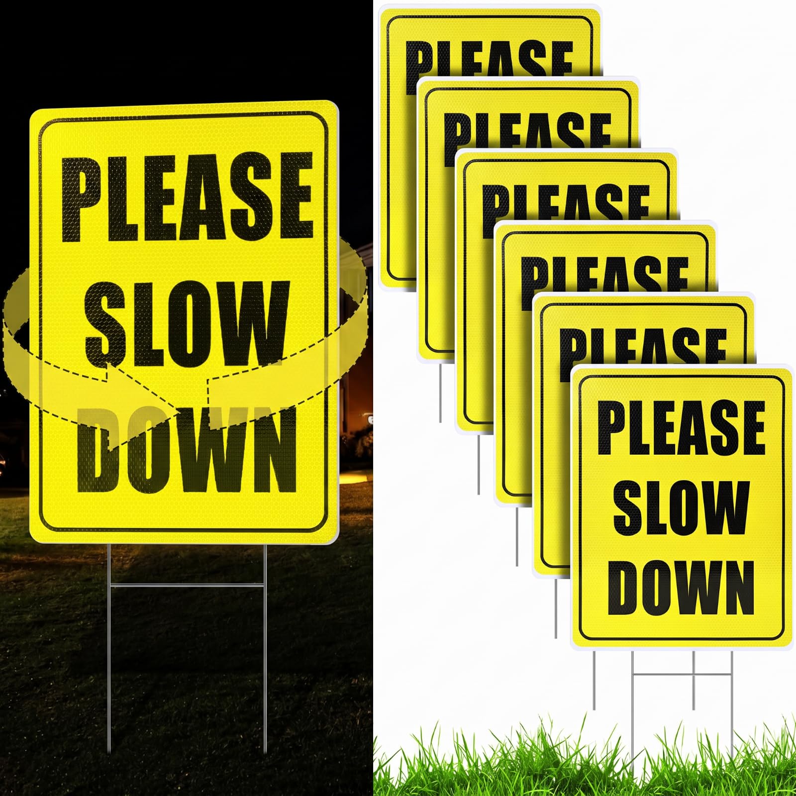 Thyle front view showing reflective please slow down sign improves neighborhood safety
