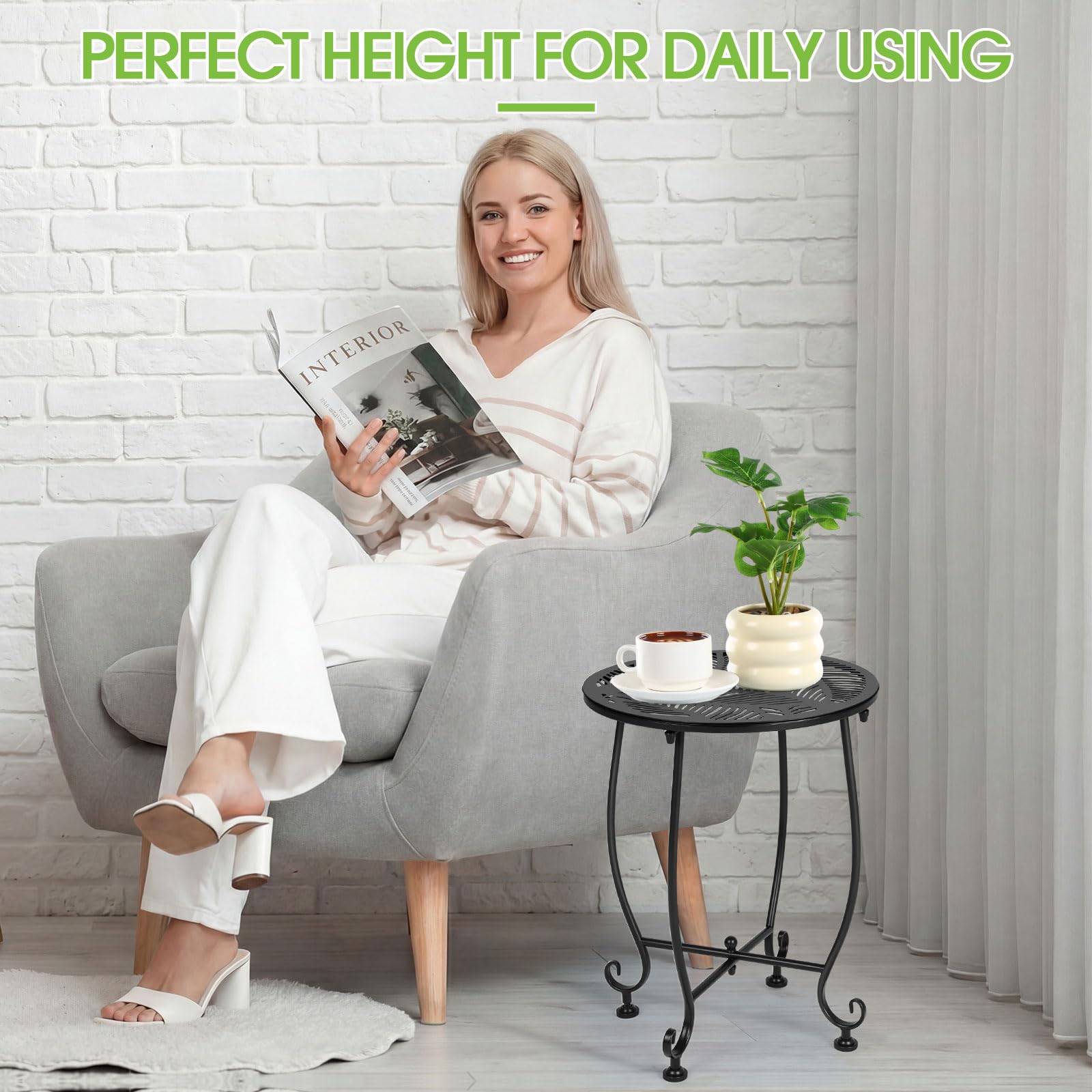 Thyle lifestyle patio setting with tables styled as plant stands and drink surfaces