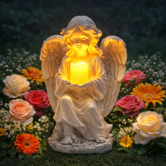 TIALLY angel front view showing statue and solar candle benefit: serene memorial focal point
