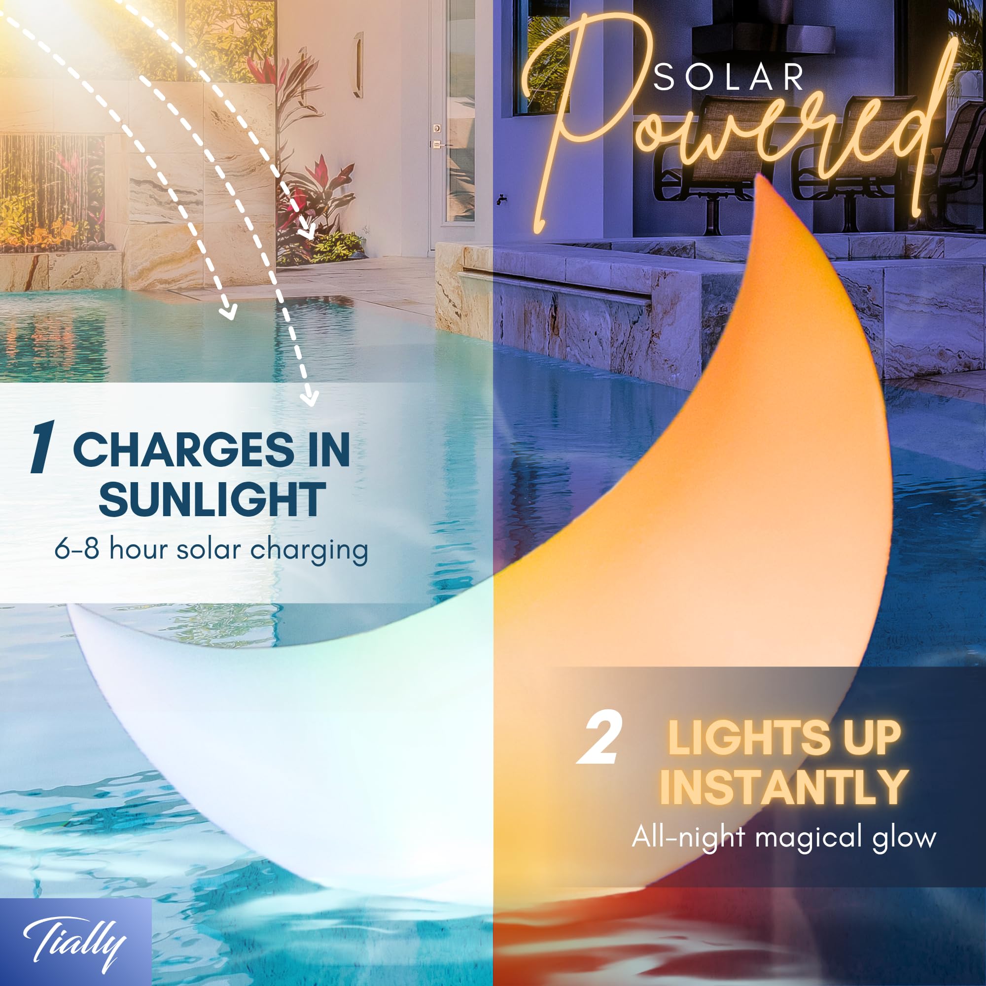 TIALLY floating moons glowing in pool at night, creates festive atmosphere