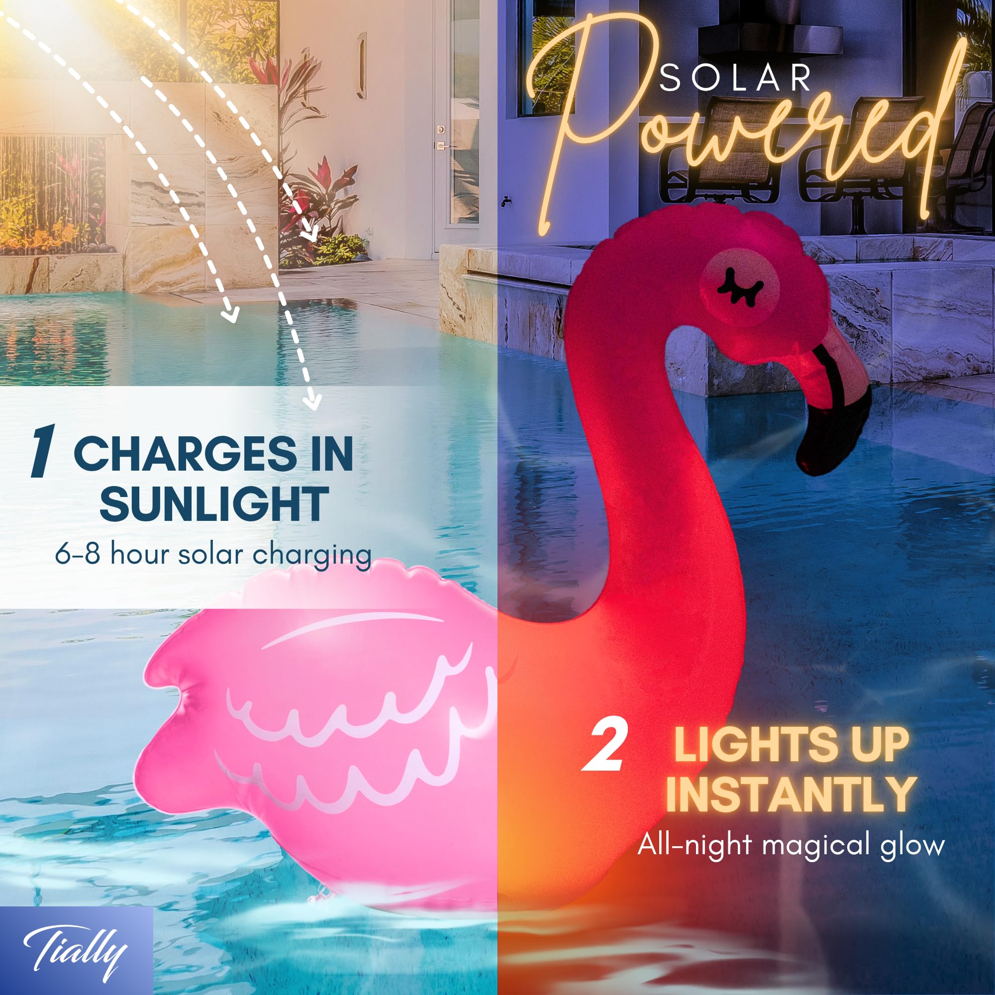 TIALLY flamingo next to remote control demonstrating easy color and timer settings