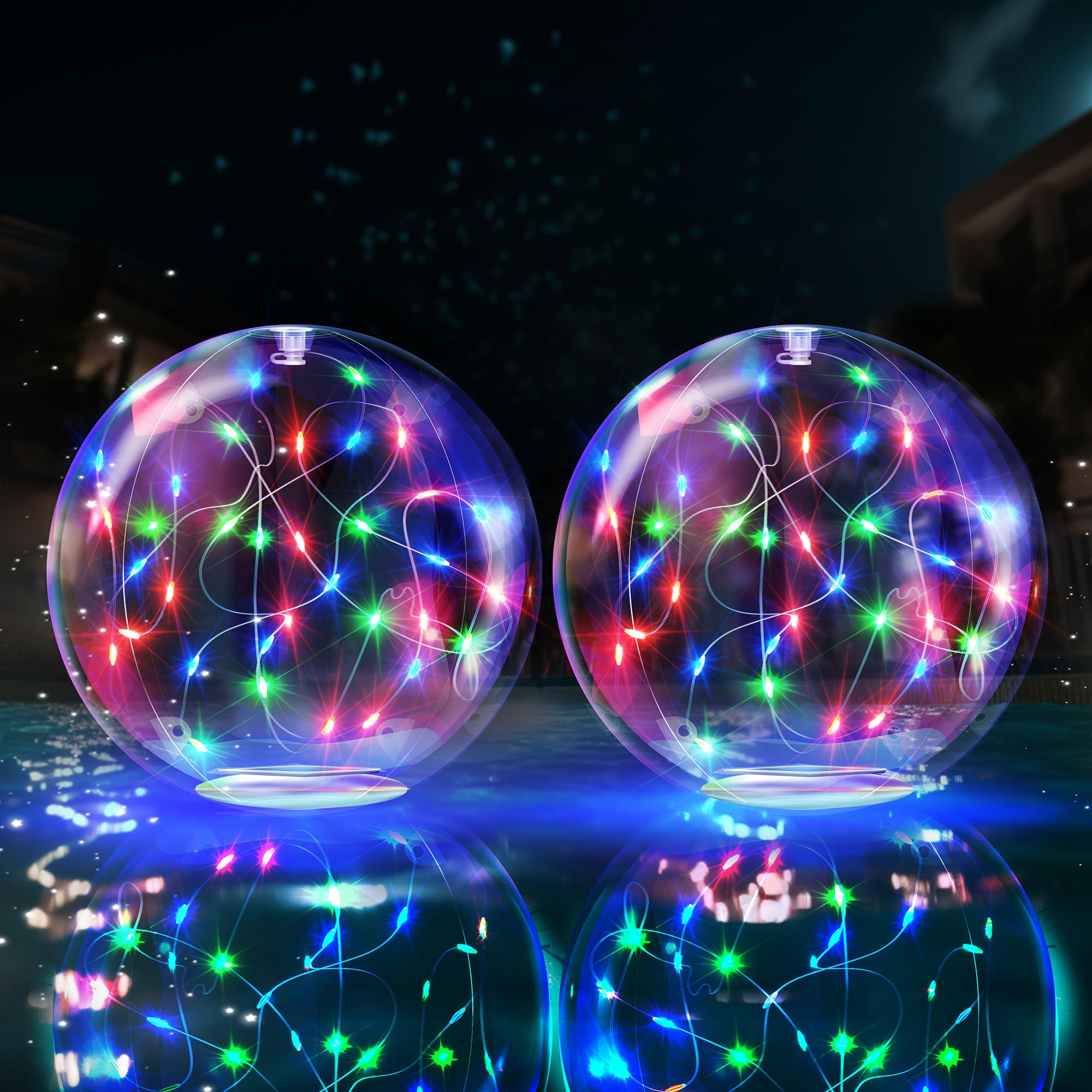 TIALLY front view of two multicolored floating pool lights showing product benefits