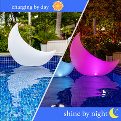 TIALLY floating crescent moons in a backyard pool at dusk, creates colorful ambient lighting for gatherings