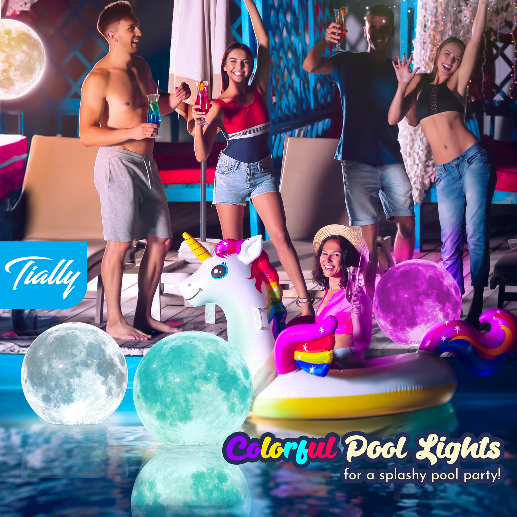 TIALLY product box and contents showing four moon balls, remote, and user-ready setup