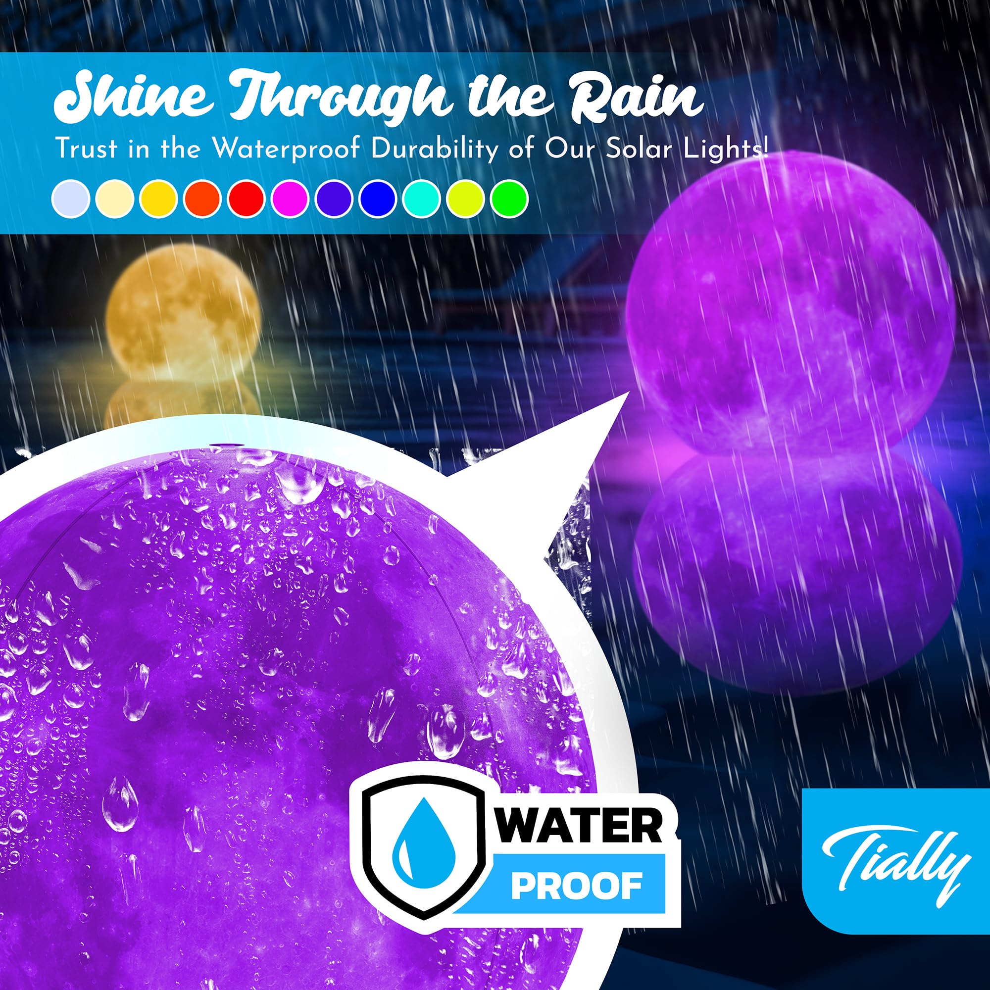 TIALLY moon balls floating in pool at night creating colorful atmosphere