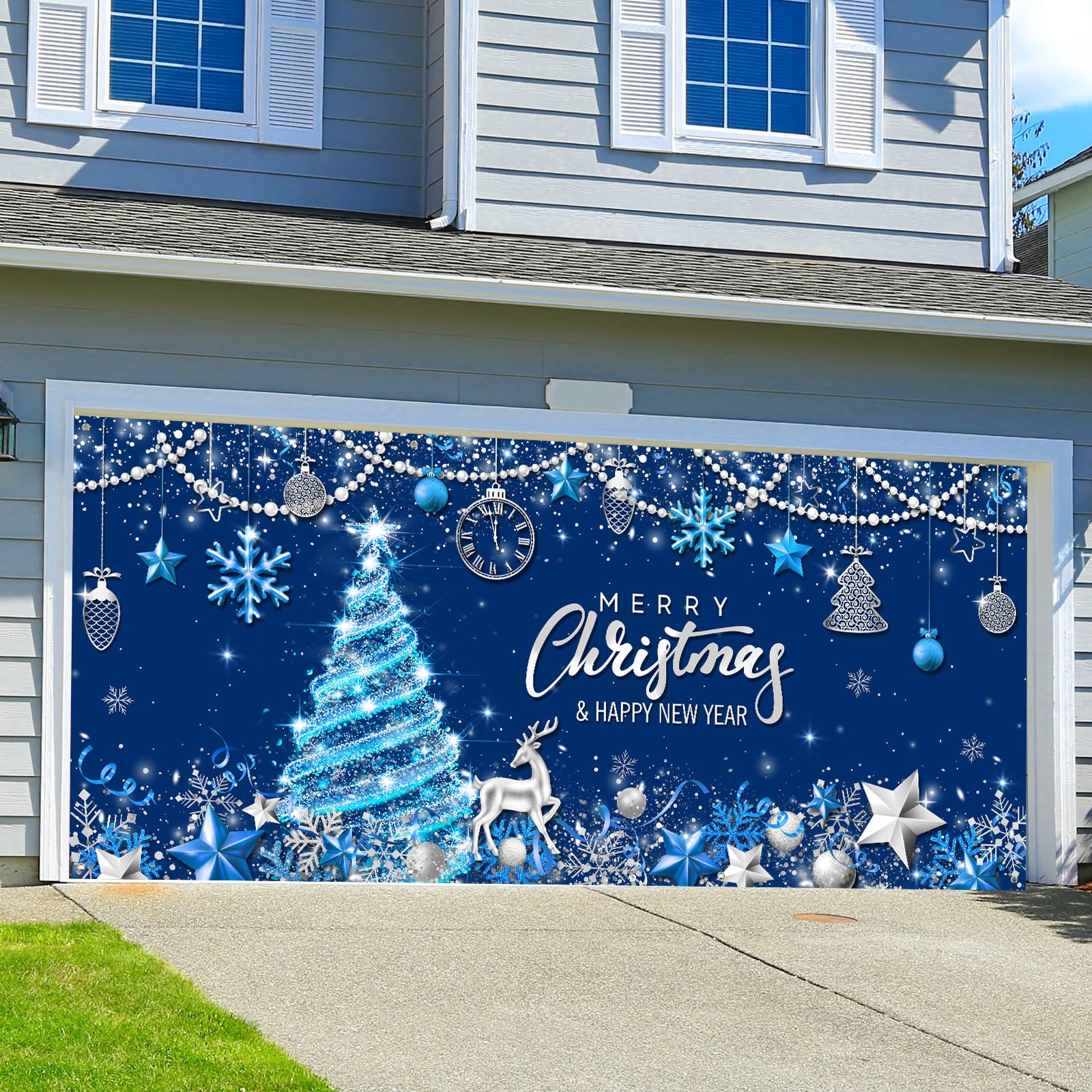 Tiamon banner with holiday lights showing how it complements exterior decorations