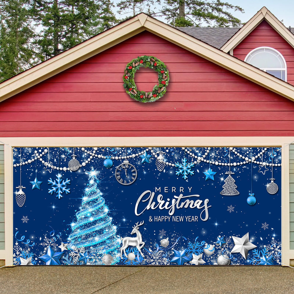 Tiamon banner front view showing full blue gold Merry Christmas design and curb appeal
