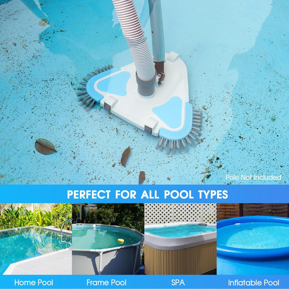 TidyMister triangular head reaching pool corner for thorough edge cleaning