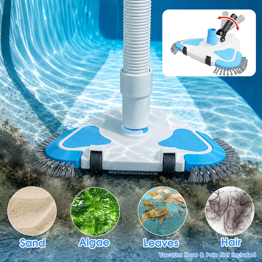 TidyMister vacuum head in use removing leaves from pool floor effectively