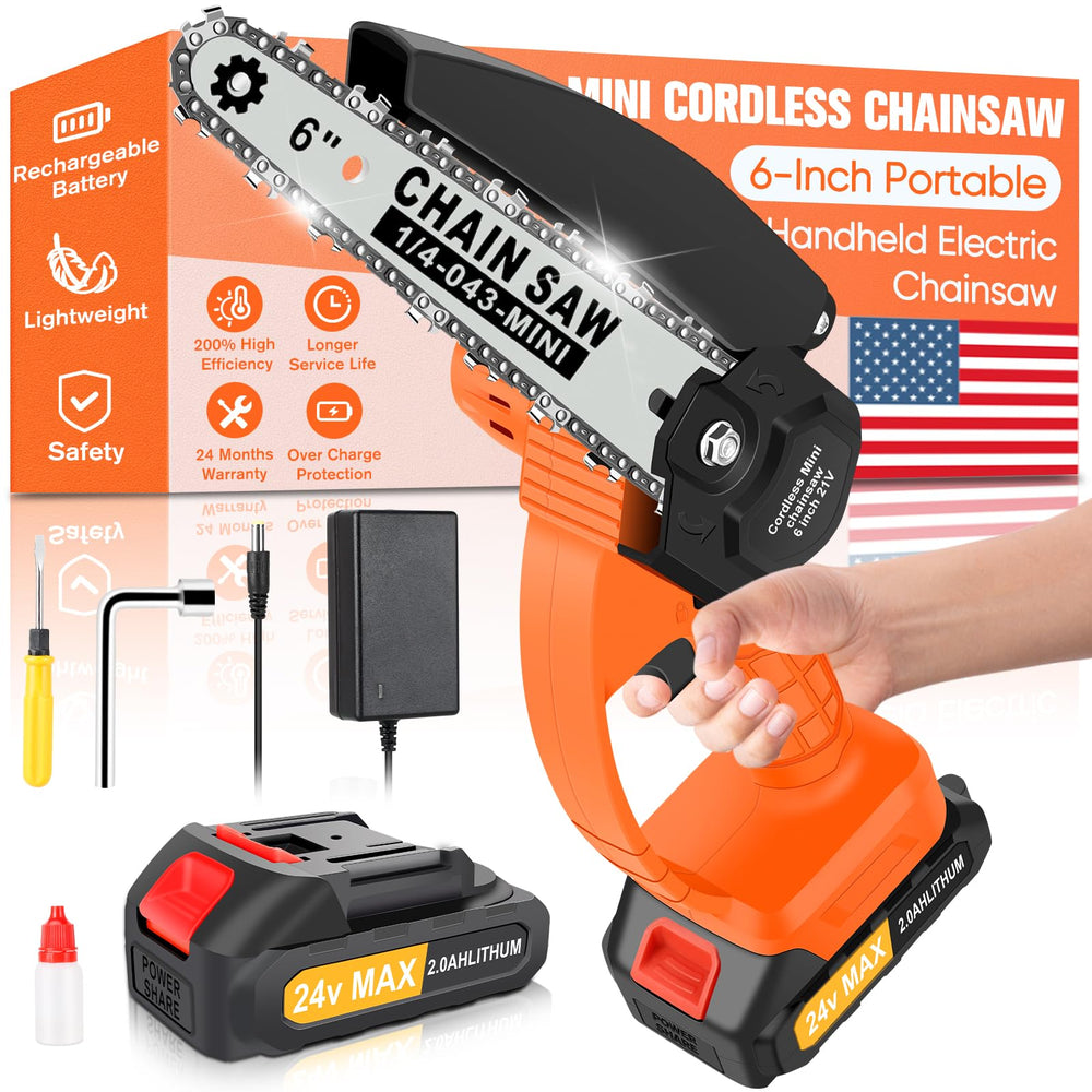 TidyneSS mini chainsaw front view showing compact design and portability benefit