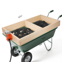 TIEBOLA front view full frame showing dual-mesh sifter fitting wheelbarrow, speeds workflows