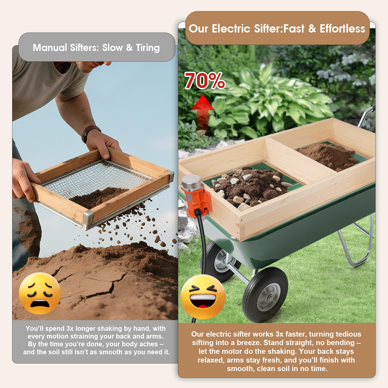 TIEBOLA motor and control switch detail, adjustable vibration for different soil textures
