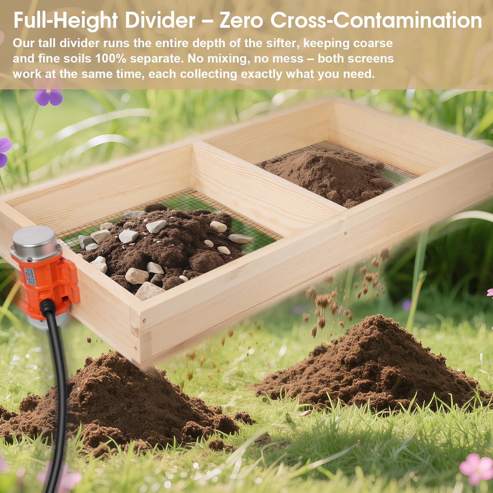 TIEBOLA screening showing fine soil separated from coarse clumps, refines compost and potting mix