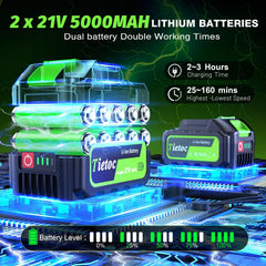 tietoc two 5.0Ah batteries and charger displayed for long runtime benefit