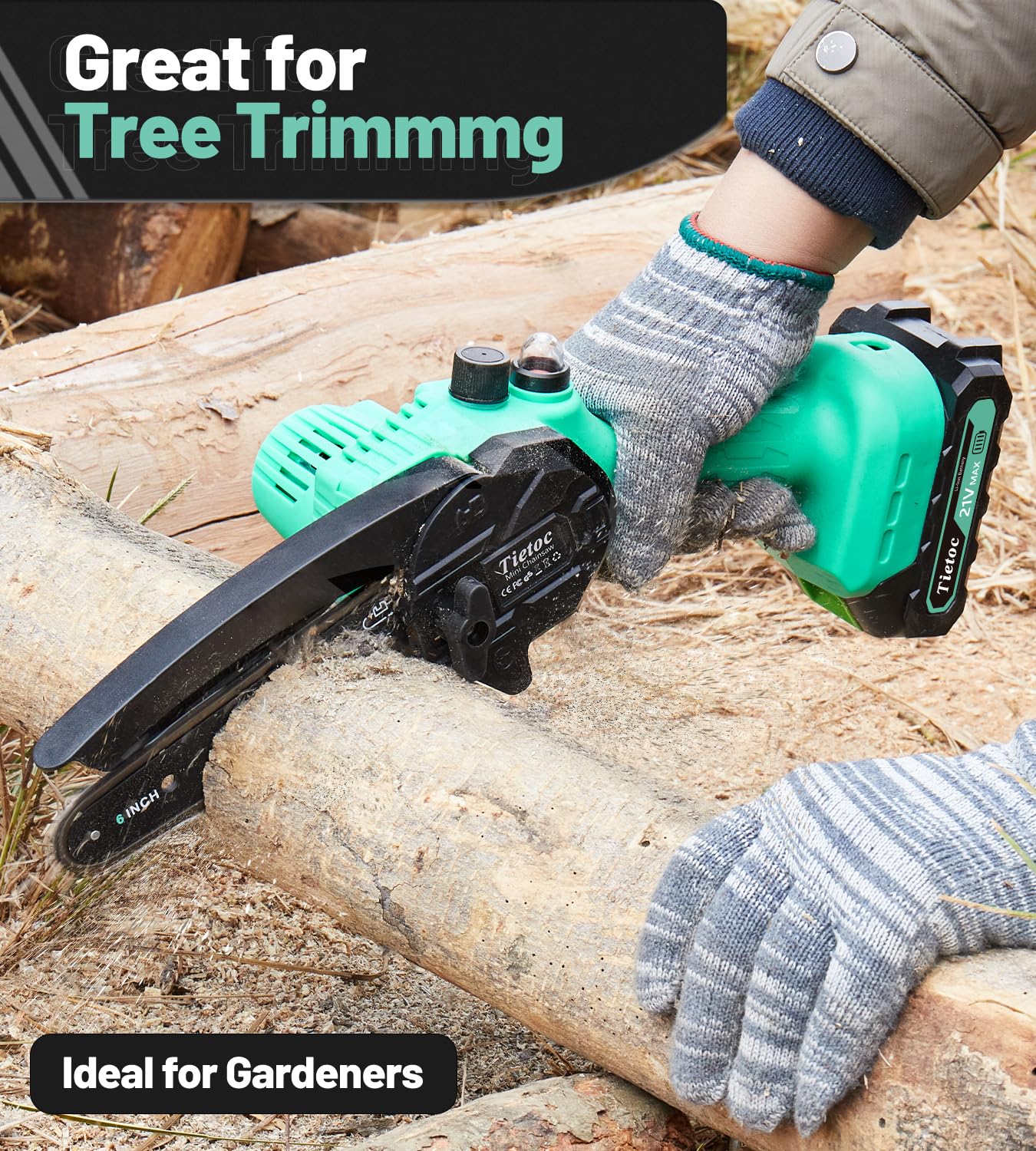 tietoc chainsaw held in hand for scale showing lightweight maneuverability benefit