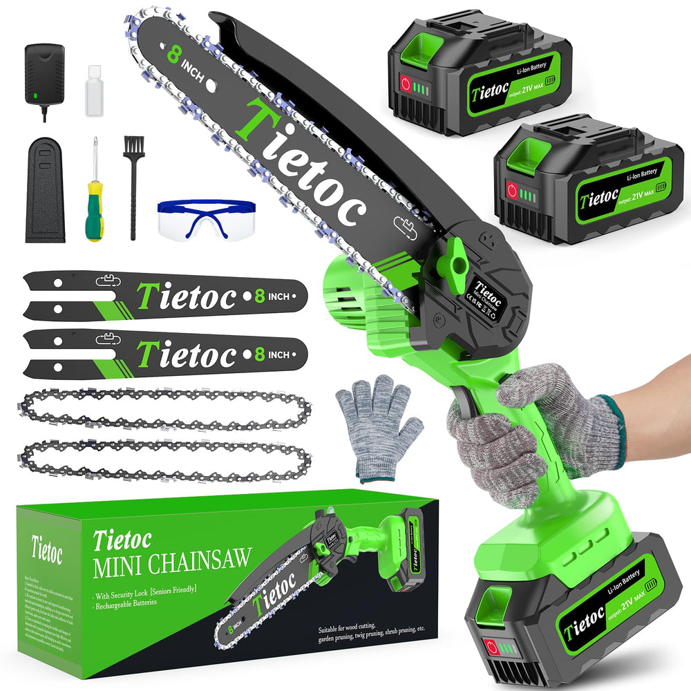 tietoc mini chainsaw front view showing compact design and guide bar for easy storage